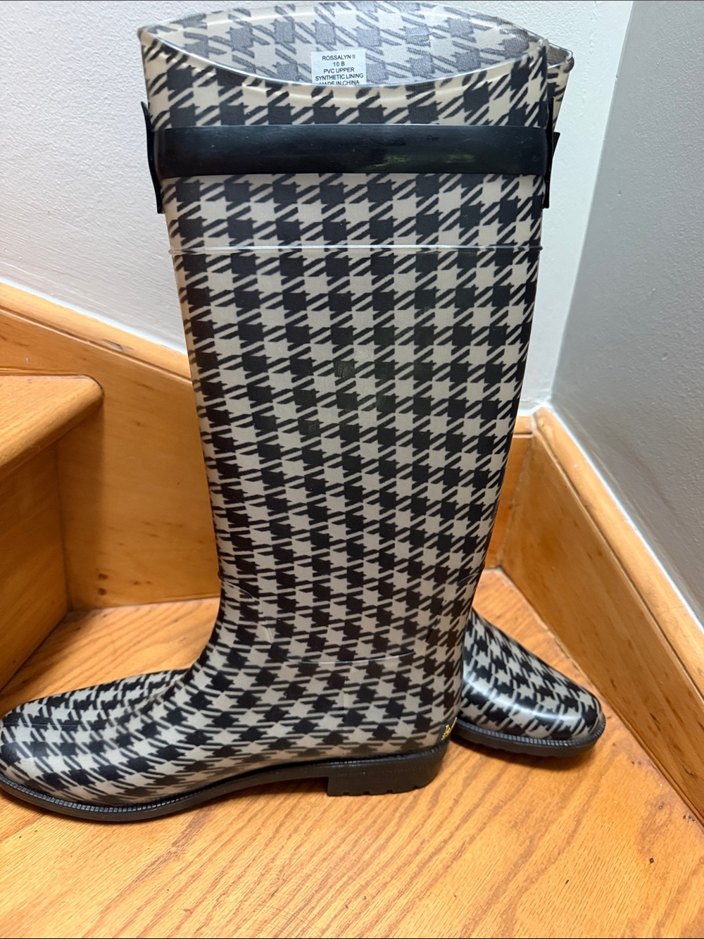 Lauren Rossalyn Black & Light Grey Houndstooth Rain Boots Buckle Accent Sz 10B